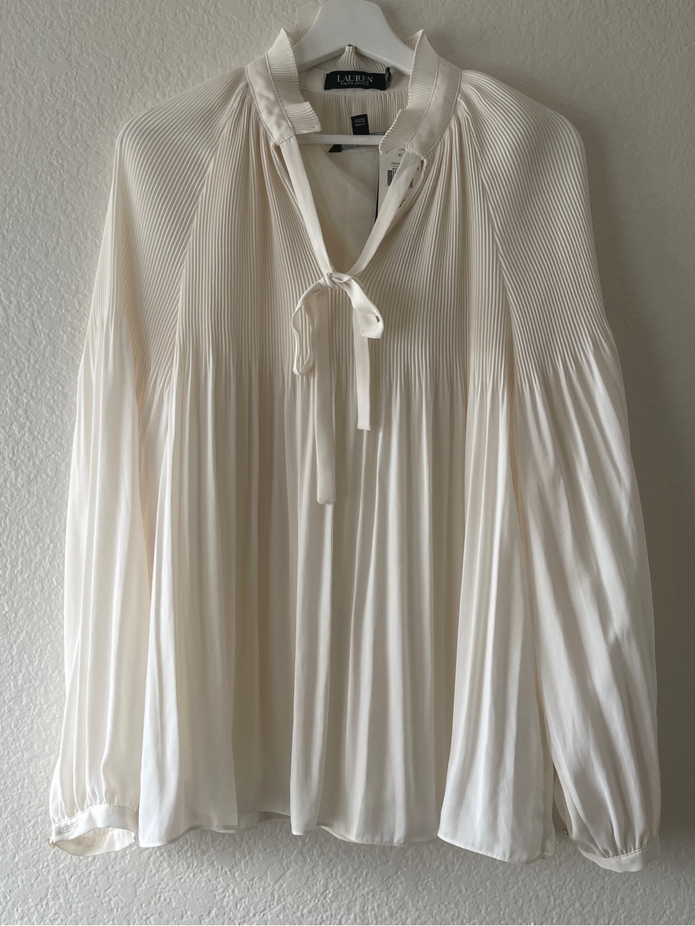 Lauren Ralph Lauren Ivory Pleated Tie-Neck Blouse